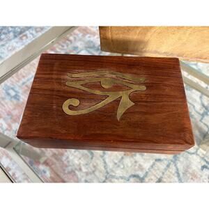 Vintage Brass Embossed Wood Box Eye of Horus Amulet Egyptian Keepsake Rah